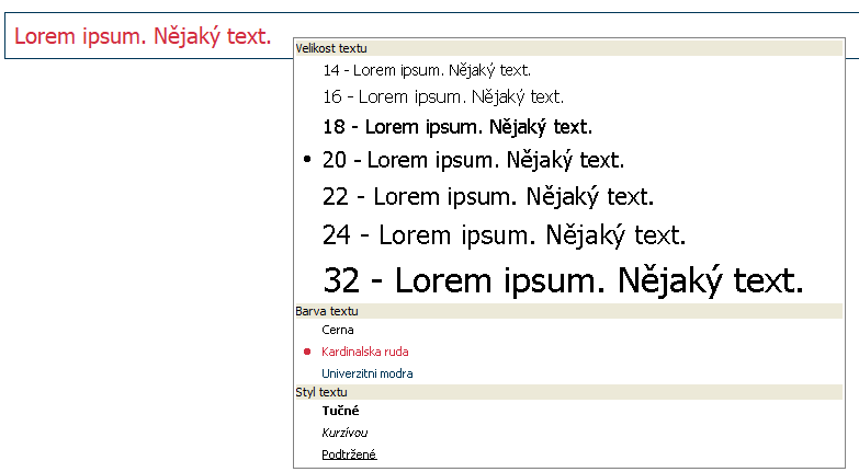 dostupn&eacute; možnosti nastaven&iacute; textu